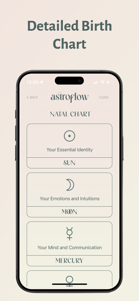 Astroflow app interface displaying a detailed birth chart with Sun Moon and Mercury interpretations