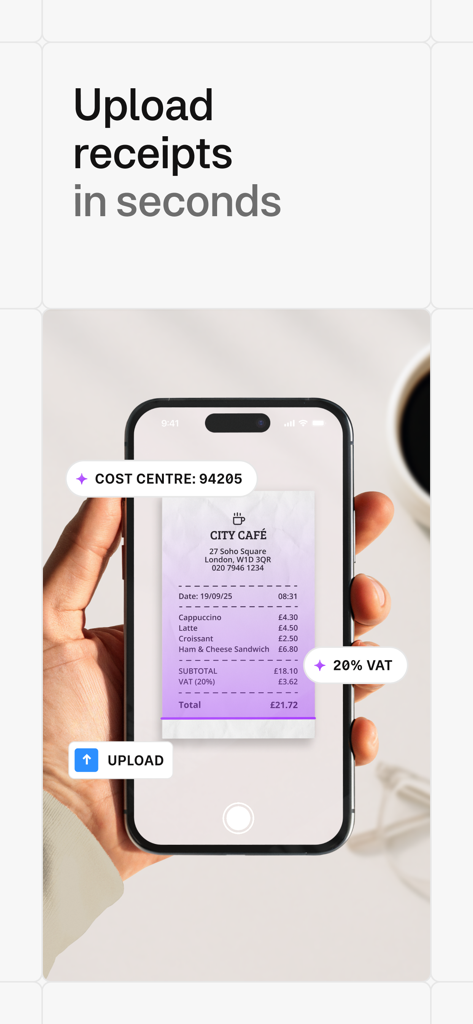 Person using the Moss app on a smartphone to scan a business receipt with automated cost center and VAT detection
