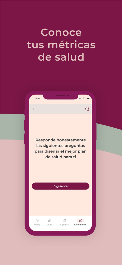 Plenna mobile app screen showing a personalized health plan setup with the text Conoce tus métricas de salud