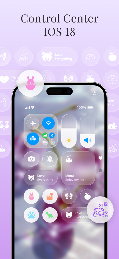 Customized iOS 18 Control Center with cute aesthetic icons and purple floral theme
