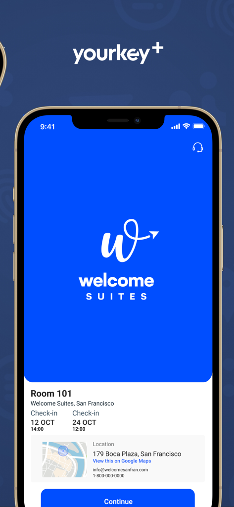 YourKey Plus - YourKey Plus app interface showing hotel booking details for Welcome Suites including check-in dates and location