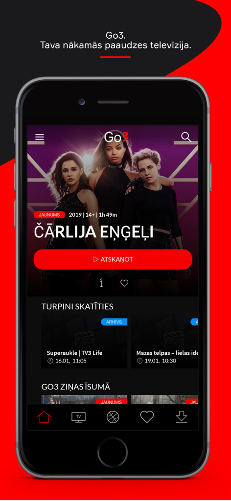 Go3 Latvija mobile app interface featuring the movie Charlies Angels and navigation menu