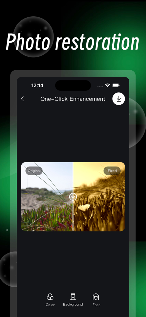 PicHero app interface demonstrating one click AI photo restoration with a before and after comparison