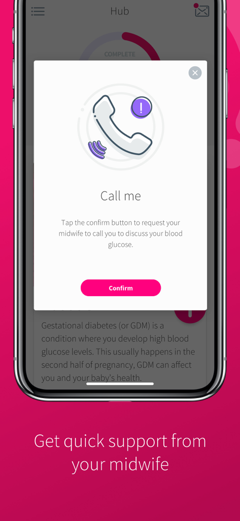 Tela do aplicativo móvel mostrando um pedido de retorno de chamada para obter suporte de uma parteira