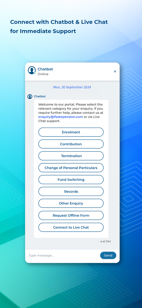 iFAST ePENSION app chatbot interface showing support categories and live chat option