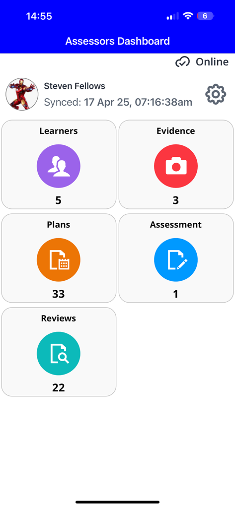 Onefile Eportfolio App - Assessors dashboard in the Onefile Eportfolio app displaying summary counts for learners evidence and assessments