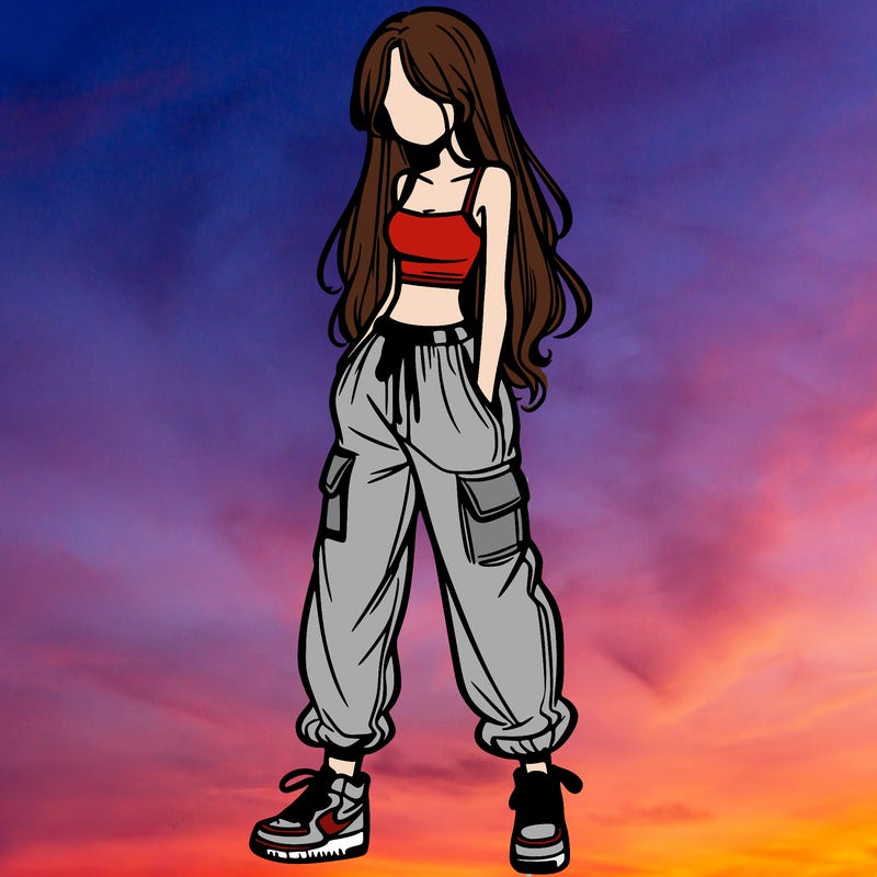 girl in baggy pants crop top and long hair