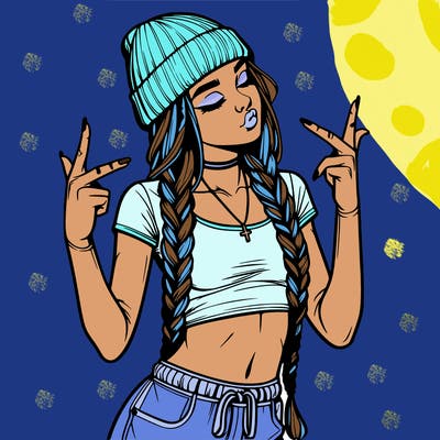 realistic teenage girl with braids and a beanie and crop top doing 🫶🏼