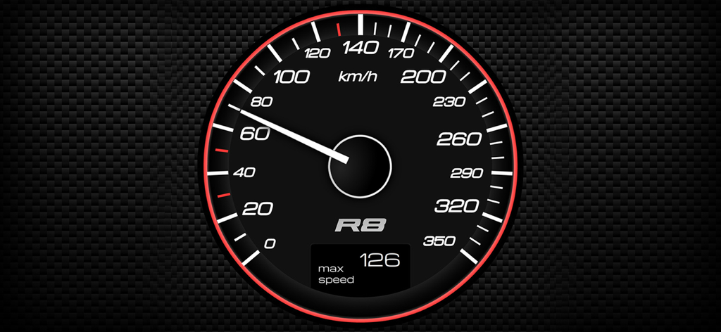 Speedometers & Sounds of Cars - 赤いアクセントとカーボンファイバーの背景に、km/hで速度を表示するアウディR8のデジタルスピードメーター。