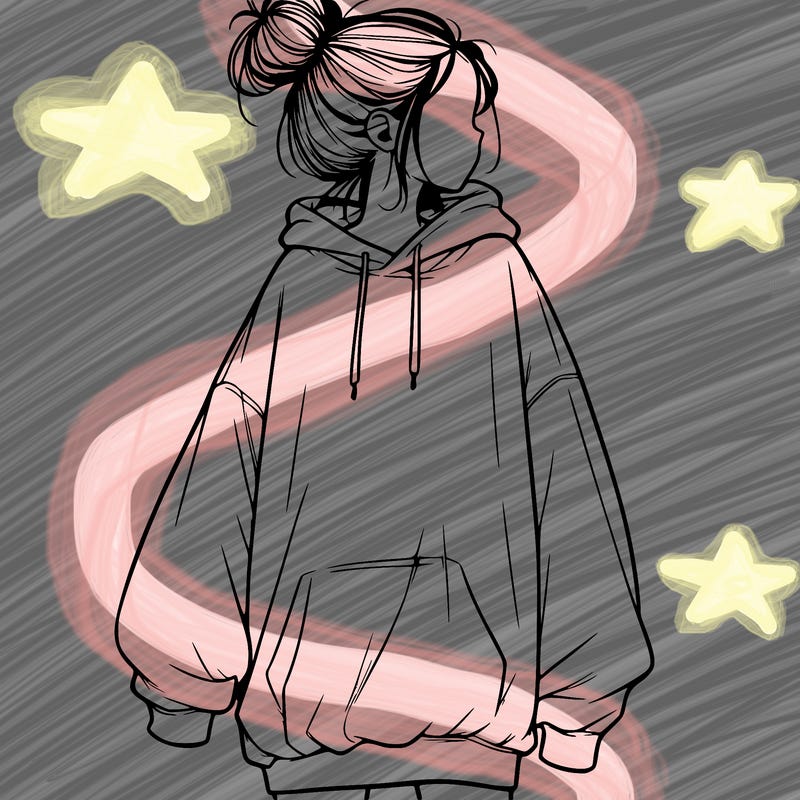 realistic girl with a oversized sweatshirt on and a bun