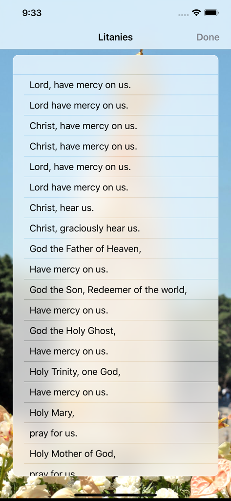 The Holy Rosary - A list of litany prayers within The Holy Rosary mobile application