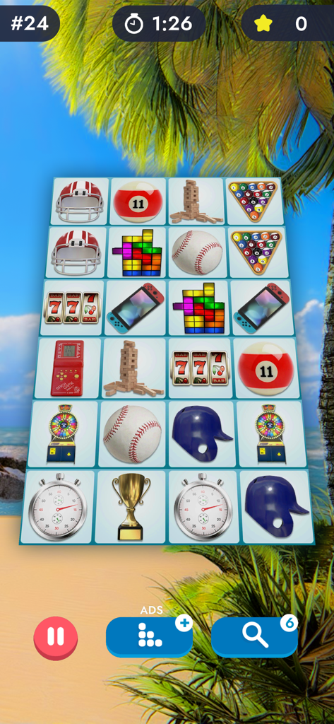 Match Pairs 3D: Matching Game - Match Pairs 3D gameplay screen featuring a grid of sports items like baseballs and helmets over a tropical beach background.
