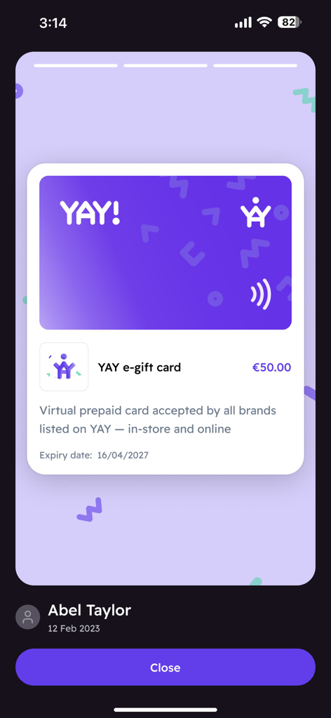 A YAY Moments virtual e-gift card worth 50 euros showing expiry date and usage information