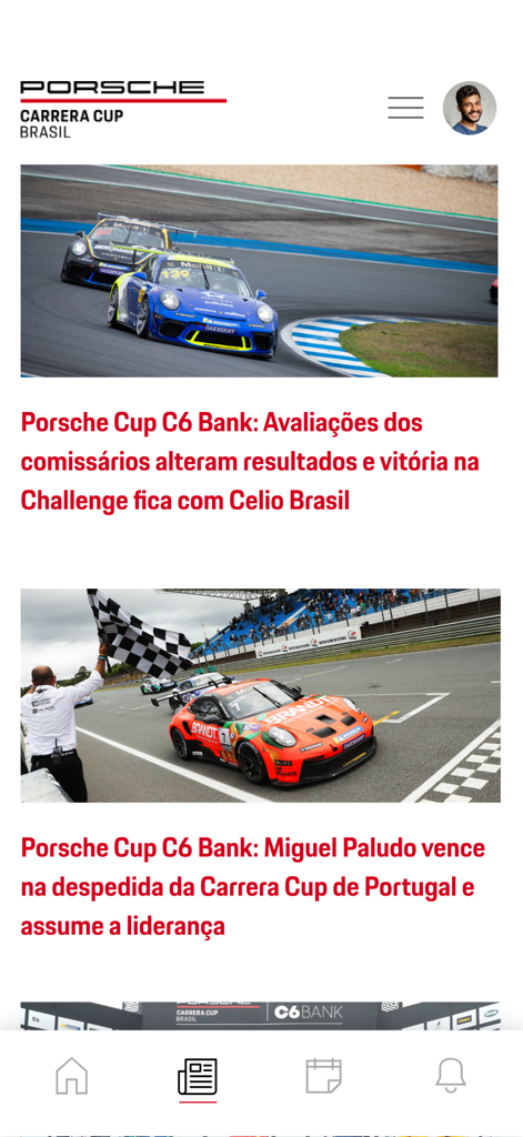Porsche Cup Brasil 앱의 뉴스 피드에는 레이싱 결과와 고품질 트랙 사진이 표시됩니다.