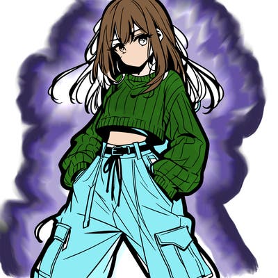 anime teen girl with baggy pants and crop top with sweater
