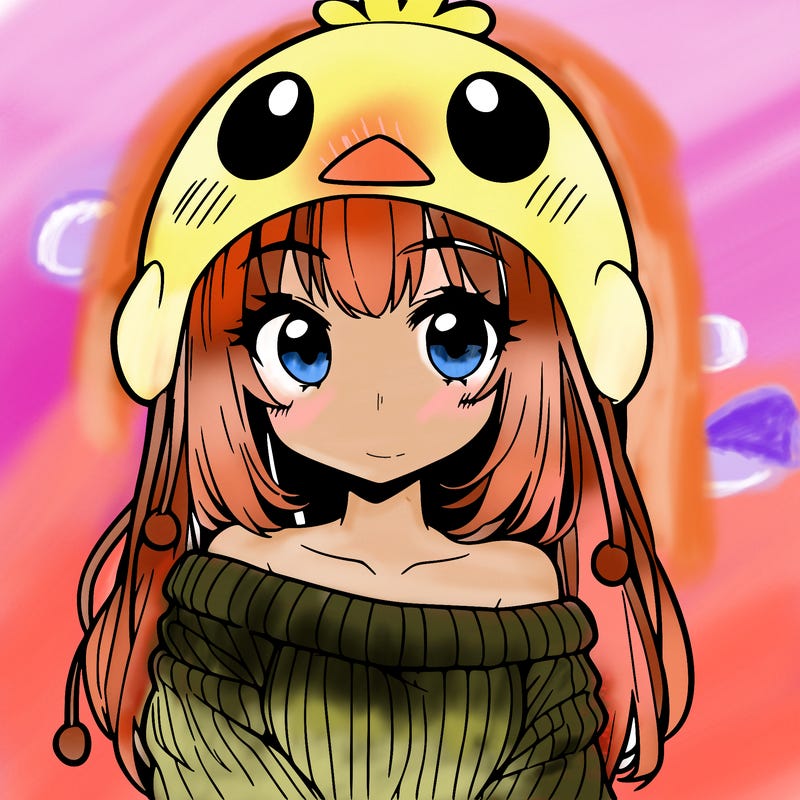 anime girl with chick shaped hat with sweater with bare shoulders with bangs covering them one eye with low tail