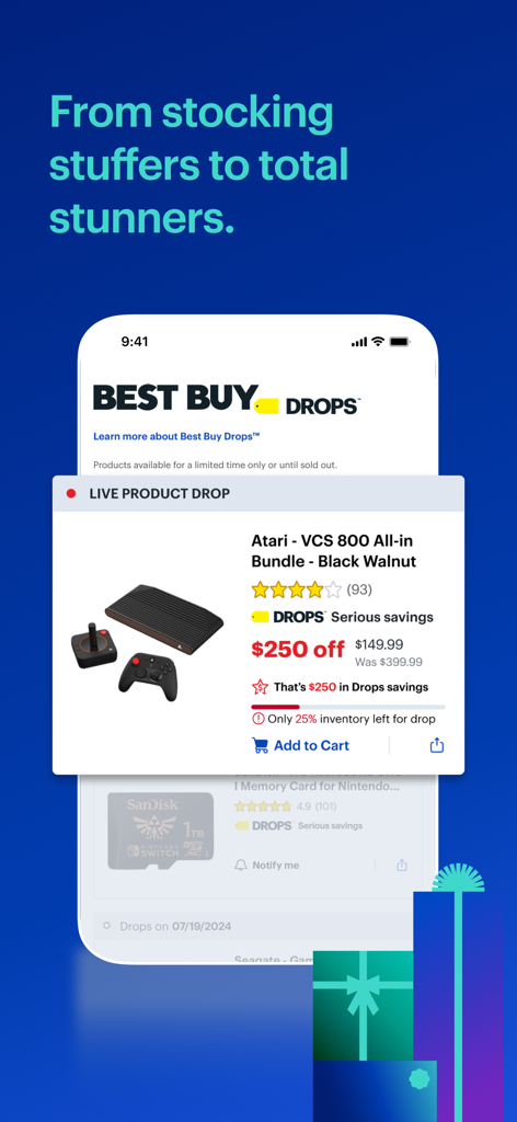 Best Buy app interface displaying a live product drop for an Atari gaming console bundle with a significant discount