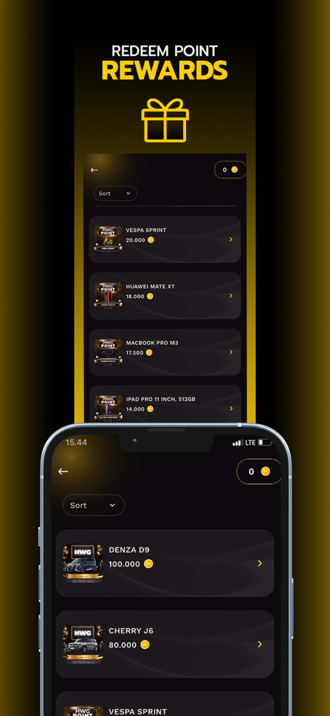 Holywings - Holywings mobile app point redemption screen featuring luxury car and gadget rewards