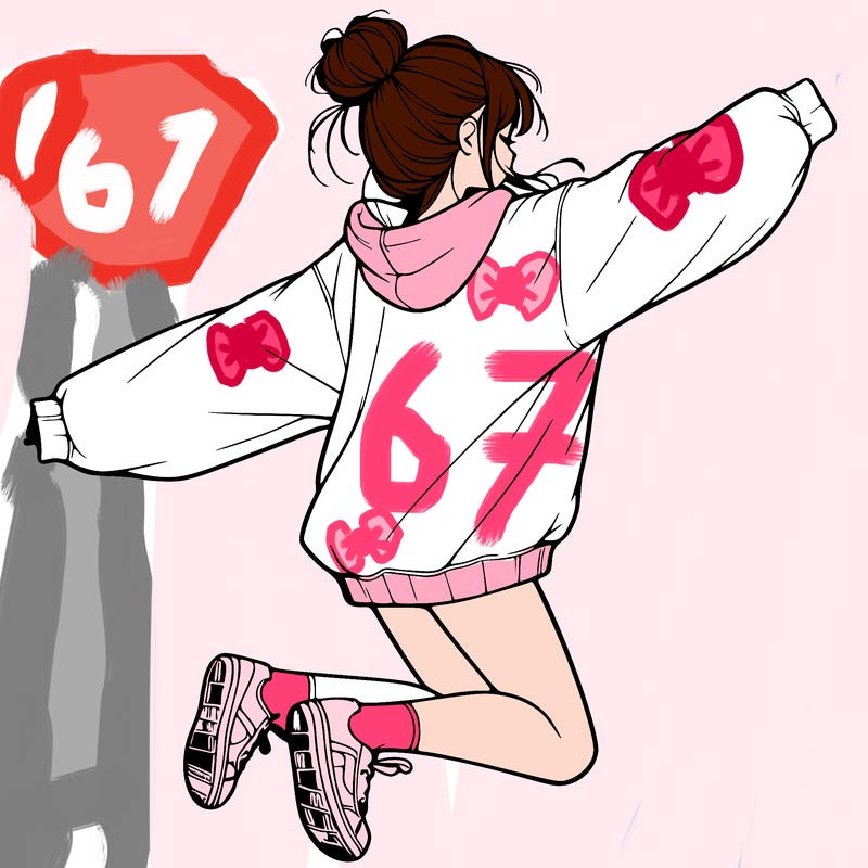 realistic girl jumping with a bun and oversized sweatshirt