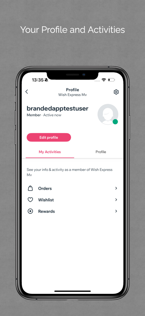 Interfaz del perfil de usuario de Wish Express Mv que muestra opciones de cuenta y pestañas de actividad.