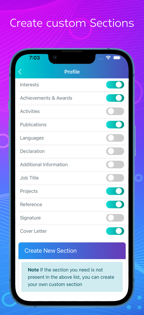 App screen showing toggle switches for customizing resume sections such as interests achievements and projects