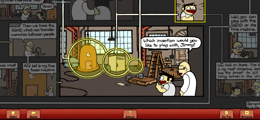Meanwhile 인터랙티브 코믹의 한 패널. 플레이어가 스토리를 진행하기 위해 다양한 발명품 중에서 선택합니다.