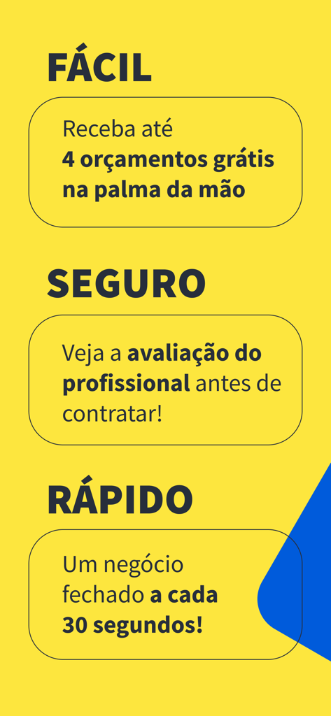 Infografía de las características del servicio GetNinjas que incluyen presupuestos fáciles, reseñas seguras de profesionales y velocidad de transacción rápida.
