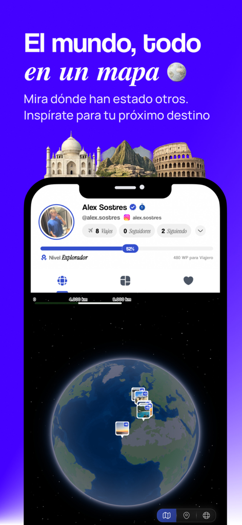 Went App interface showing an interactive 3D globe with travel pins and a user explorer profile