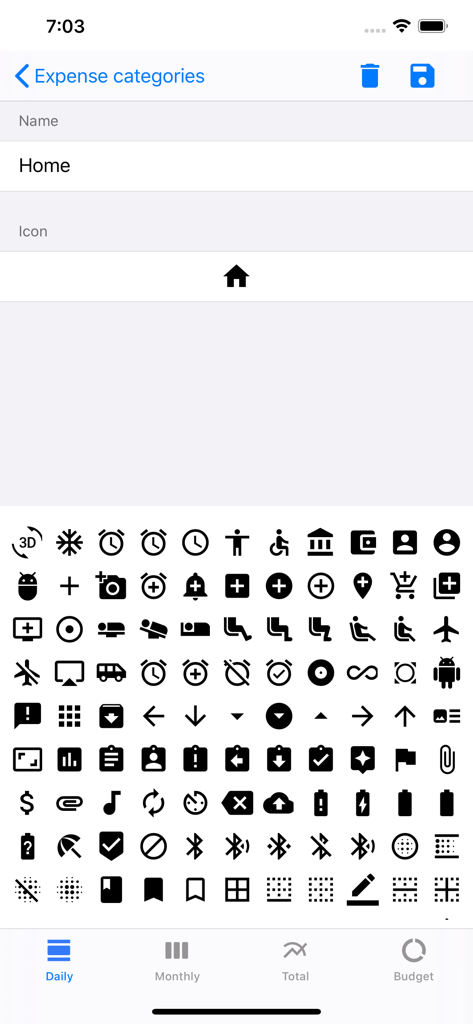 User interface for customizing expense categories and choosing icons