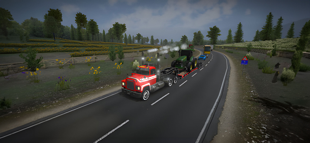 Camión de carga rojo transportando un tractor verde en una carretera escénica en Universal Truck Simulator