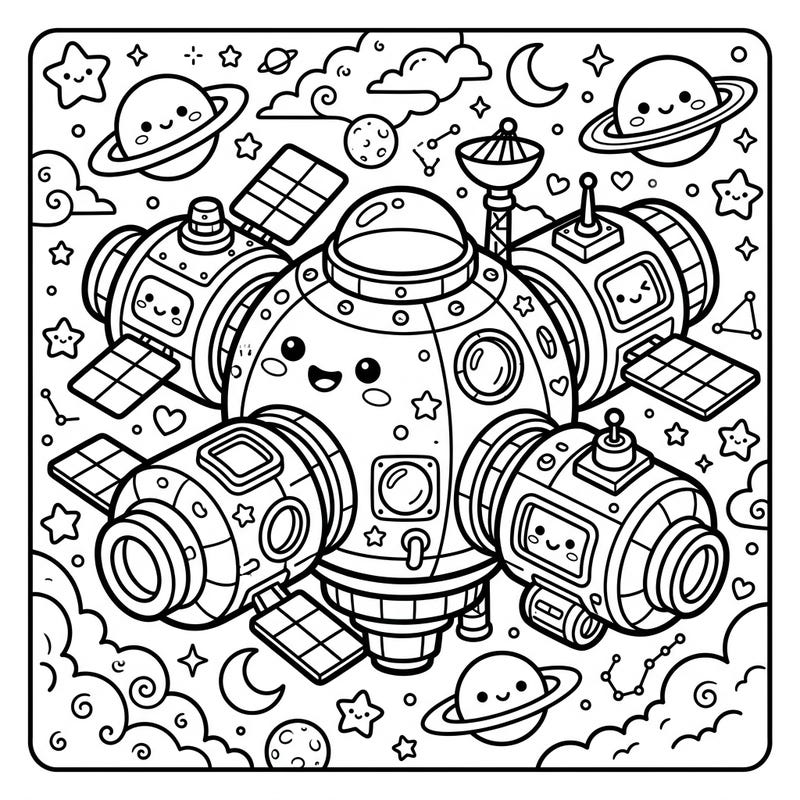 Embark on an adorable cosmic journey with this Kawaii Deep Space Habitat coloring page. Featuring a charming space station surrounded by cute planets and twinkling stars, it's perfect for a relaxing coloring escape.