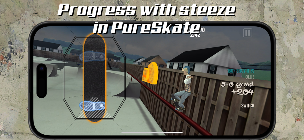 PureSkate 1+2 - PureSkate 1+2 mobile game screenshot of a skater performing a 5-0 grind on a fence with fingerboard controls.