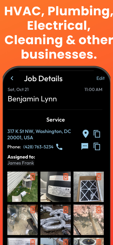 Aplicativo móvel Worganizer mostrando detalhes da tarefa, informações de contato do cliente e fotos de serviços de campo carregadas.
