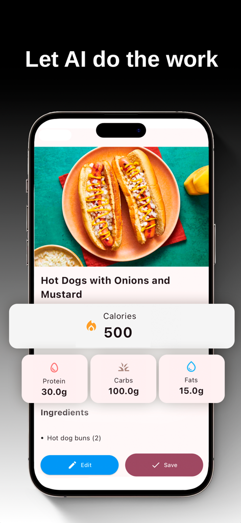Easy Calorie AI food tracker app showing calorie and macro analysis of a hot dog meal