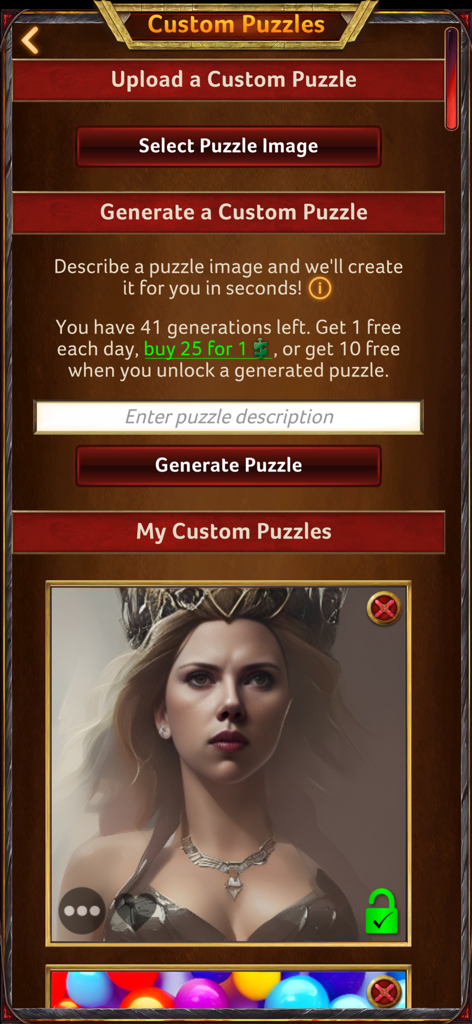 Puzzle Together - Custom puzzle creation screen for uploading photos and generating AI images in Puzzle Together