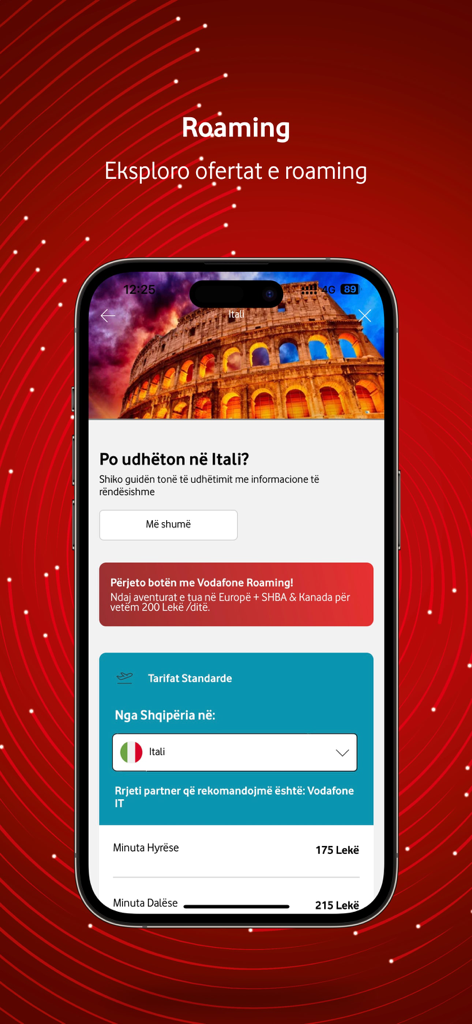 Uma interface móvel do My Vodafone Albânia mostrando planos de roaming e tarifas internacionais para viagens à Itália