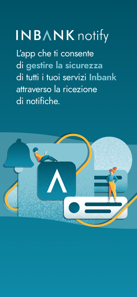Intro screen of Inbank notify app showcasing security management through mobile notifications with stylized illustrations.