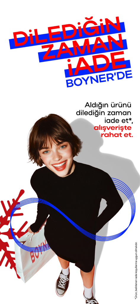 Boyner – Online Shopping - Eine lächelnde Frau hält eine Boyner-Einkaufstasche unter einem Text, der eine flexible Rückgabe jederzeit bewirbt.