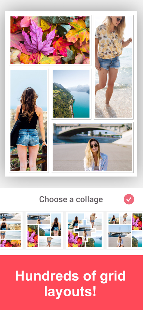 Interface d'une application de collage photo présentant diverses options de mise en page en grille pour les images
