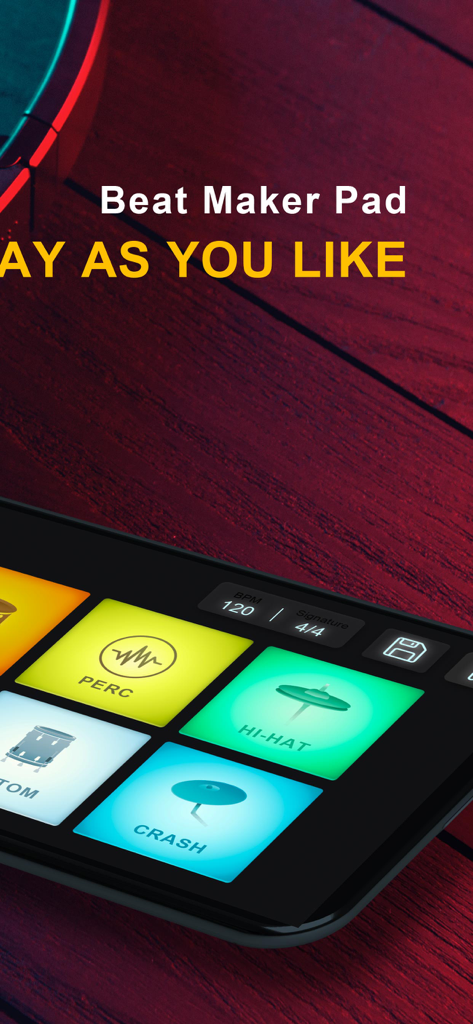 Drum Machine - Beat Groove Pad - Interfaz de app móvil mostrando pads de batería coloridos para hacer ritmos.