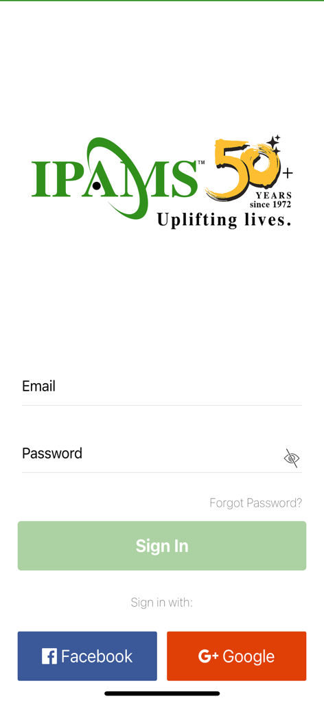 Login screen of the IPAMS Mobile app featuring email sign in and social login options for Facebook and Google.