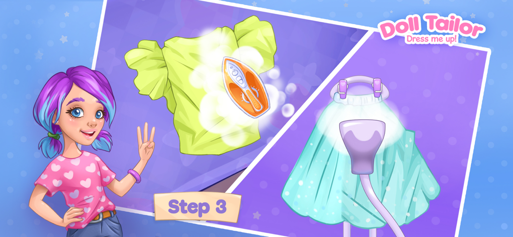 Sewing Games Fashion Dress Up - Uma personagem feminina ao lado de telas mostrando passar e vaporizar roupas de boneca virtualmente em um jogo de costura