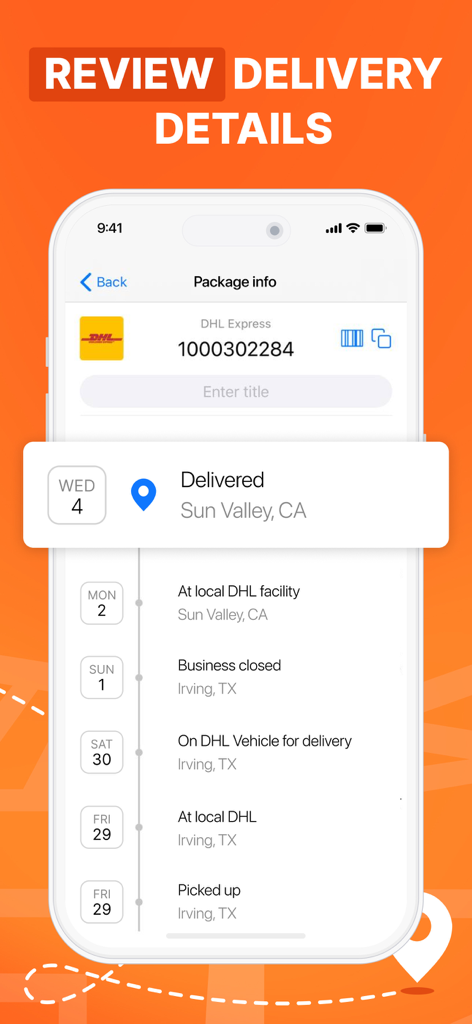 Package Delivery Tracker App - Interface do aplicativo de rastreamento de pacotes mostrando o status e o histórico de localização de um envio da DHL.