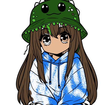 girl with anime shaped eyes with a dinosaur bucket hat oversized sweatshirt long straight hair
