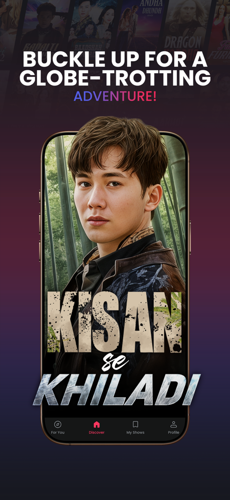 DashReels app displaying a vertical drama poster for an adventure series titled Kisan se Khiladi.