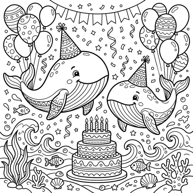 Get ready for an undersea celebration with our adorable whale birthday party coloring page! Designed especially for toddlers, this page features friendly whales, balloons, and cake with chunky lines perfect for little hands to color.
