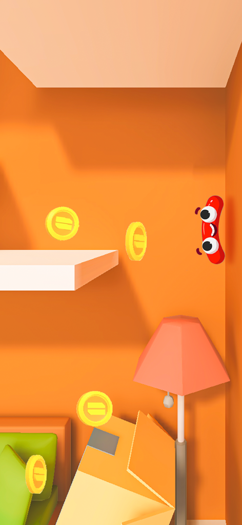 Sausage Game: Jump & Flip - A cartoon sausage character sticking to an orange wall to collect floating coins in a room