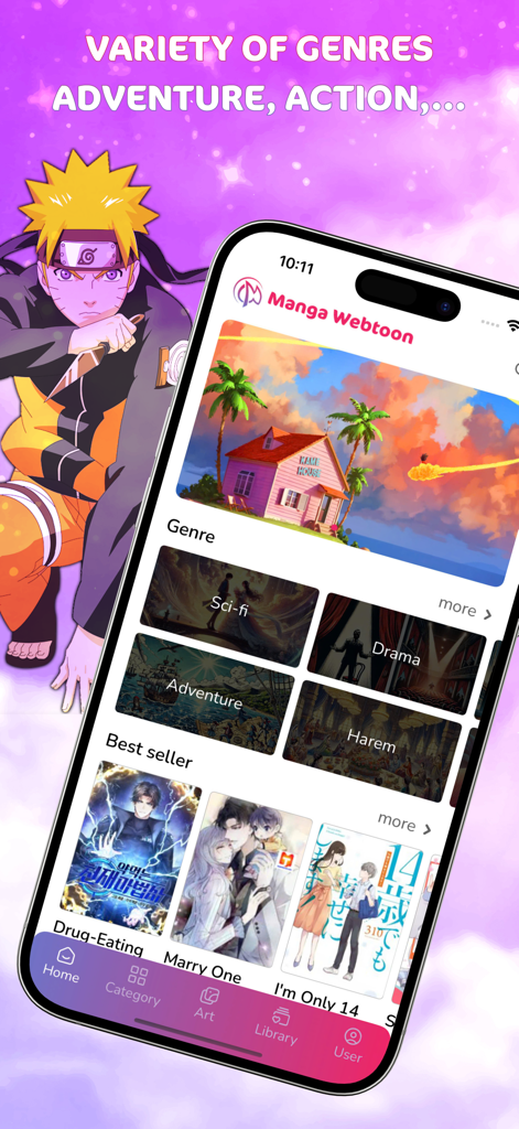 Manga Webtoon: Endless Stories - Smartphone screen displaying the Manga Webtoon app home page with diverse genres and popular titles.