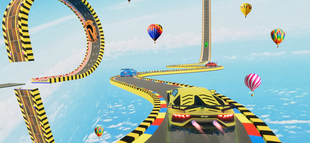 Nitro Cars Racing Games Pro - Ein gelber Supersportwagen rast auf einer hohen Himmel-Mega-Rampe mit Loopings und Heißluftballons.