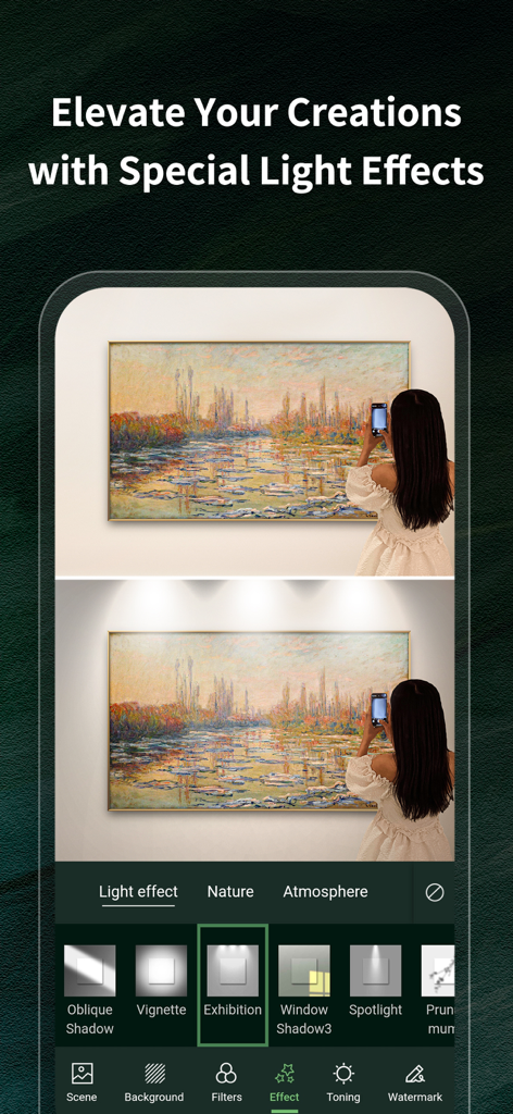 Frameit:Framed Art &Video edit - Frameit app demonstrating exhibition lighting effects on a framed painting mockup